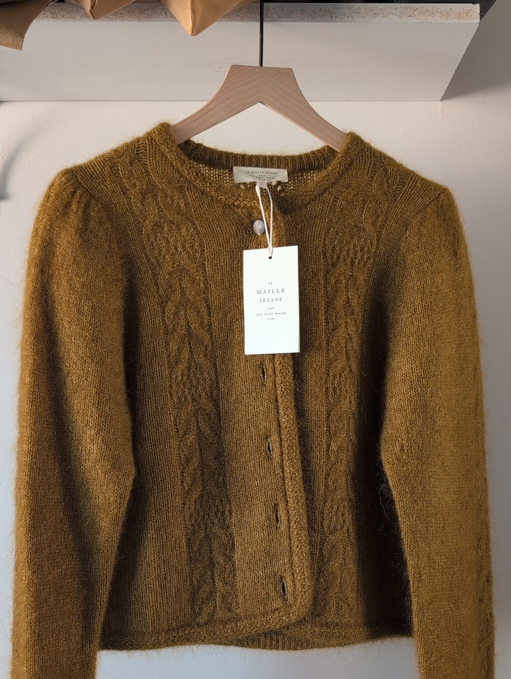 Sezane Mustard Cable-Knit Mohair Cardigan